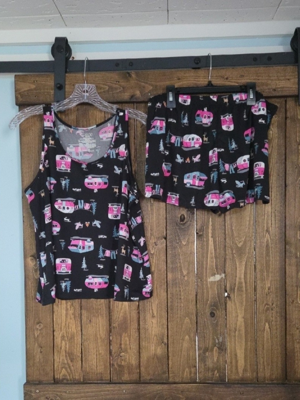 Black & Pink Camper Print Pajama Tank Top and Shorts Set